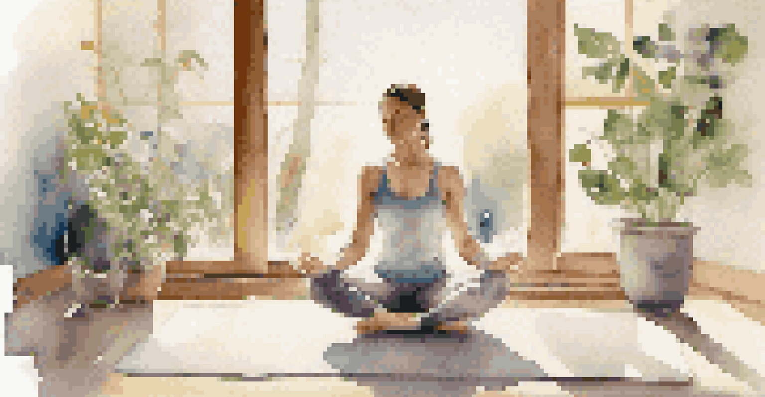 A dancer practicing mindfulness with gentle warm-up exercises on a yoga mat in a serene environment.