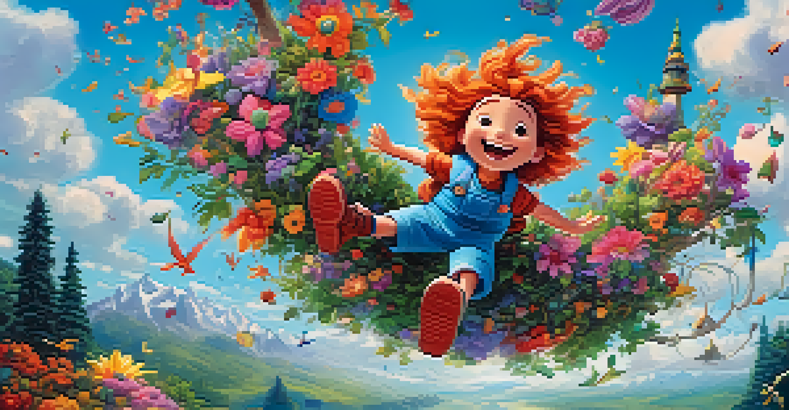 An animated character joyfully jumping in a colorful, whimsical landscape filled with trees and flowers.