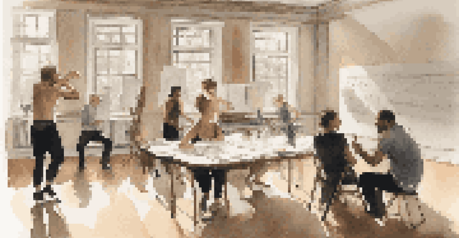 A choreographer and stage director converse in a rehearsal space, with dancers practicing in the background and sketches scattered on the table.
