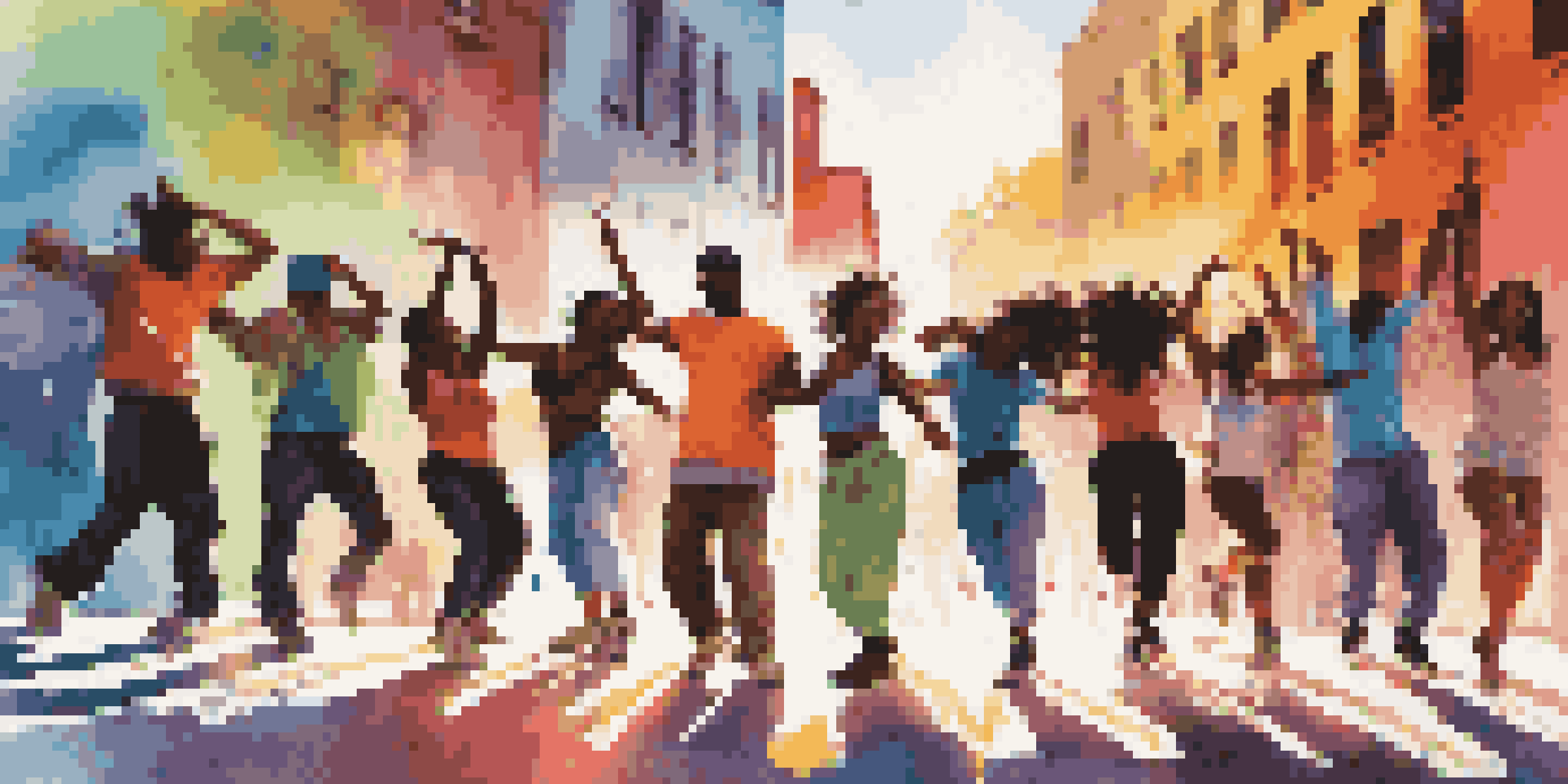 A group of diverse dancers performing hip-hop moves in front of a colorful graffiti wall under sunlight, with music notes swirling around them.