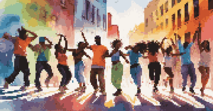 A group of diverse dancers performing hip-hop moves in front of a colorful graffiti wall under sunlight, with music notes swirling around them.
