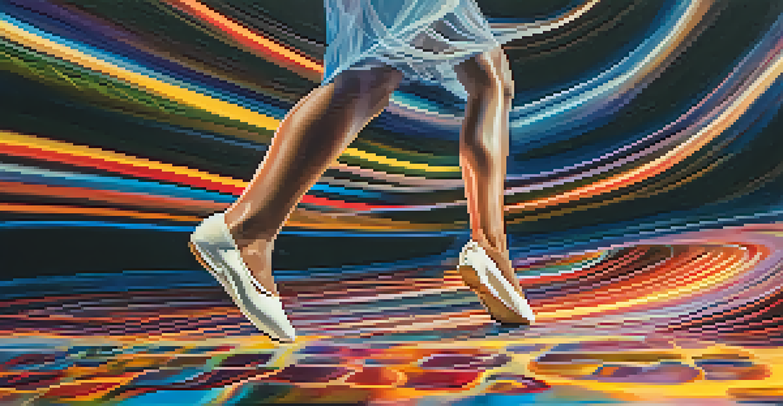 A close-up of a dancer's feet on a digitally projected floor, showcasing colorful designs that interact with their movements.