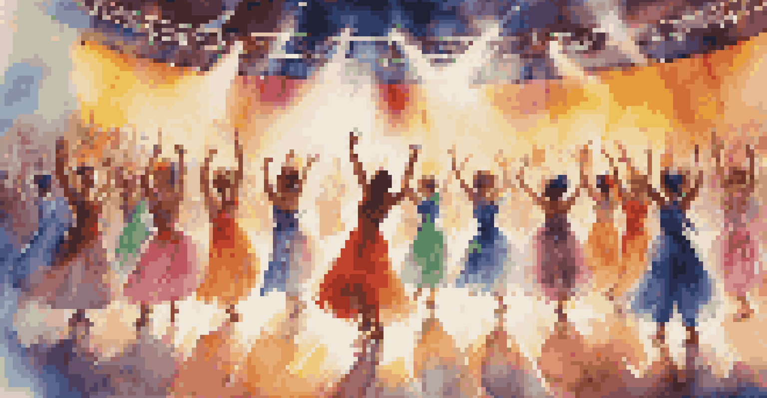 A lively dance competition with dancers in bright costumes performing on stage, surrounded by an excited audience and colorful banners.