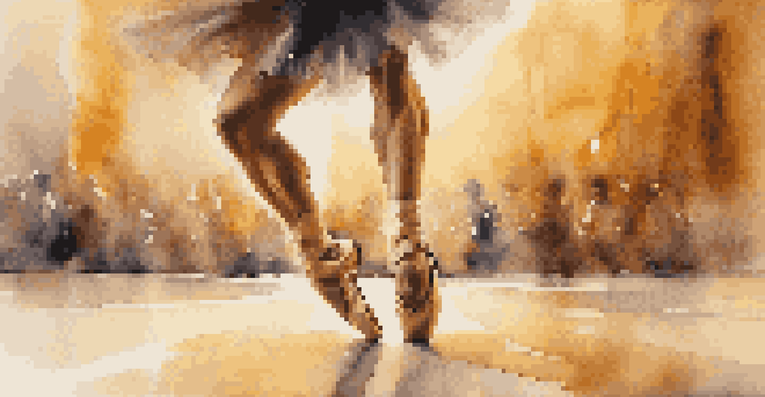 A close-up of a dancer's feet mid-leap, with details of their footwear and the dance floor, highlighted by warm light.