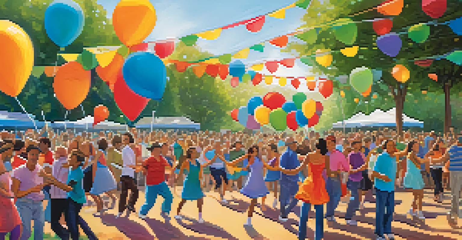 A lively outdoor dance event in a park with people of all ages dancing together, surrounded by colorful decorations and a joyful atmosphere.