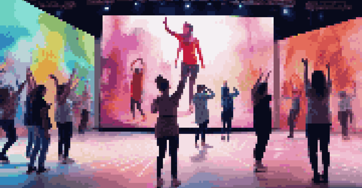 A modern urban setting featuring an interactive digital dance performance with audiences engaging through smartphones.