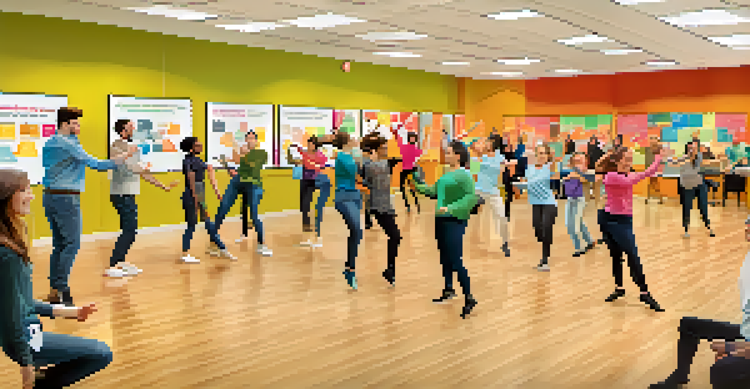 Employees participating in a choreographed dance activity in a bright conference room, filled with laughter and collaboration.