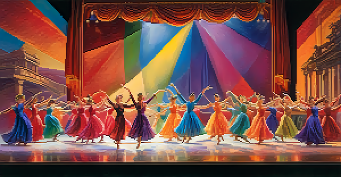 A lively stage scene showcasing dancers in bright costumes performing against a colorful backdrop with warm lighting.