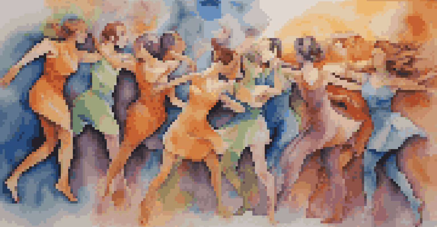 An abstract artwork showing dancers in various poses, symbolizing collaboration and creativity, against a colorful mural background.