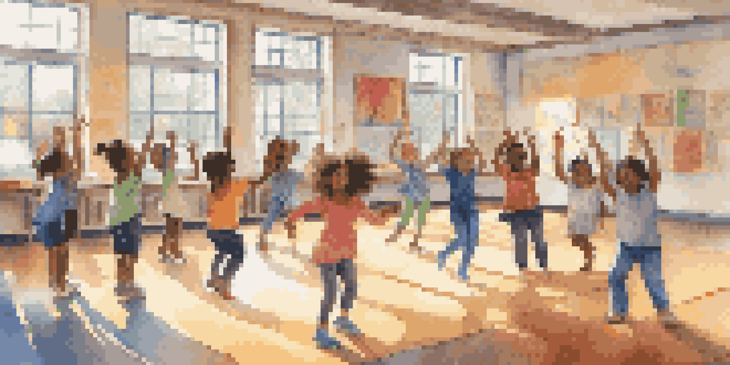 A diverse group of students in a colorful classroom collaborating on a dance project, illuminated by soft natural light.