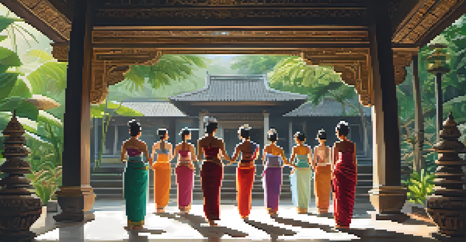 A traditional Balinese dance workshop in a temple with participants learning and lush greenery surrounding them.