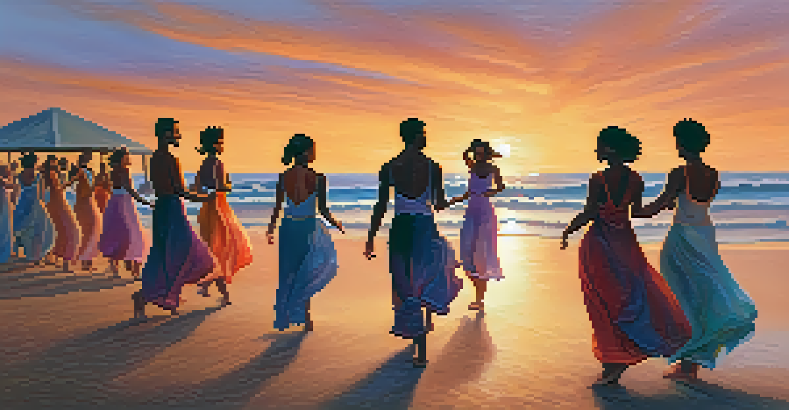 A diverse group of dancers performing on a beach at sunset, with the ocean and waves in the background.