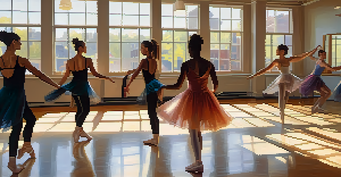 A diverse group of dancers practicing together in a bright dance studio with large windows, showcasing different dance styles and abilities.