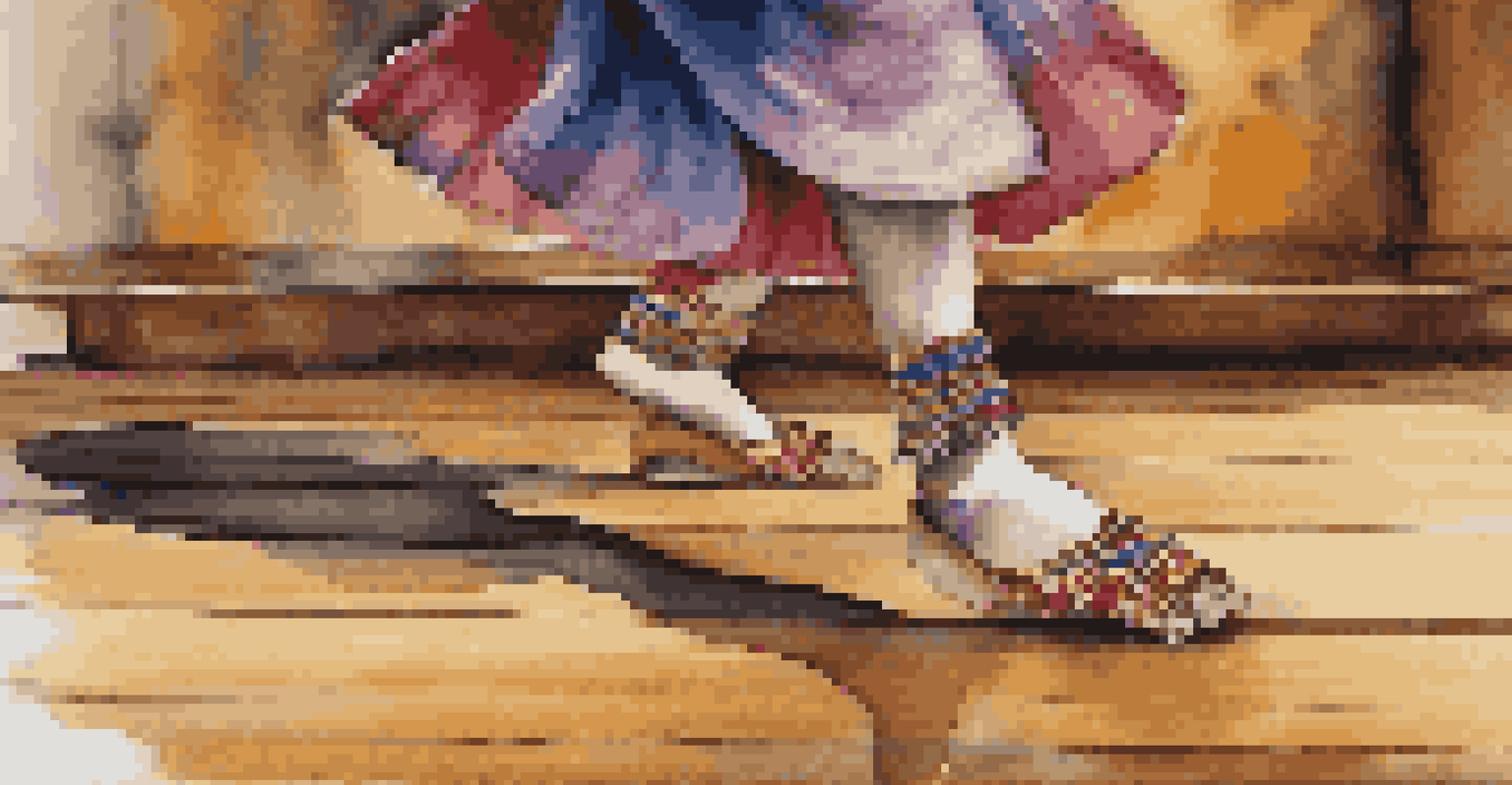 A close-up of a dancer's feet in traditional footwear performing on a wooden stage.