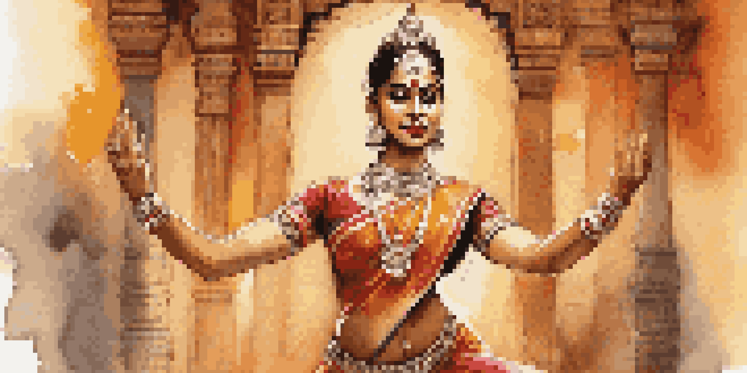 An Indian Bharatanatyam dancer in traditional costume, performing against a beautifully decorated temple backdrop.
