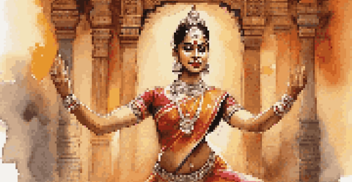 An Indian Bharatanatyam dancer in traditional costume, performing against a beautifully decorated temple backdrop.