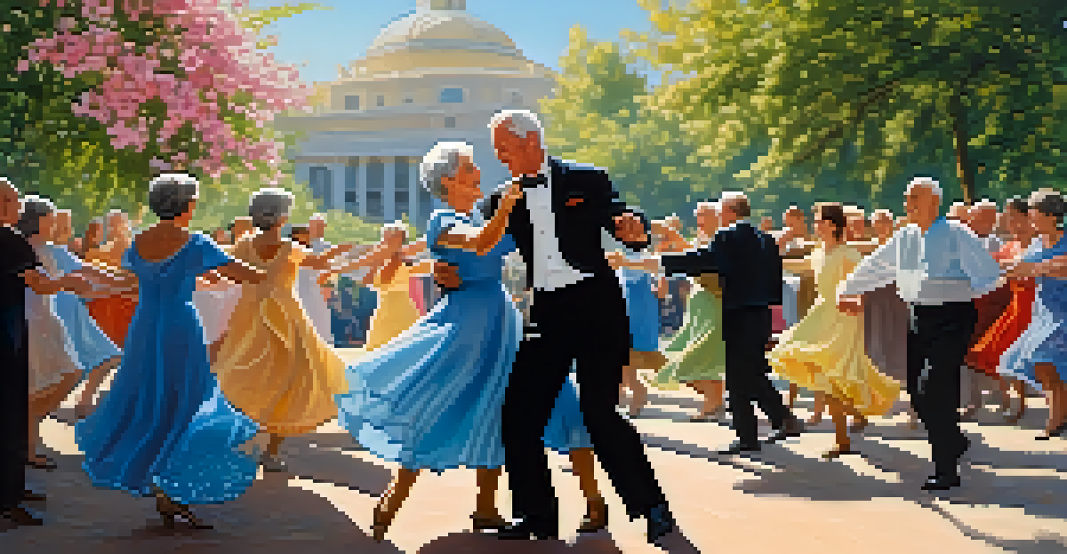 A couple of older adults dancing a waltz outdoors, surrounded by nature and flowers.
