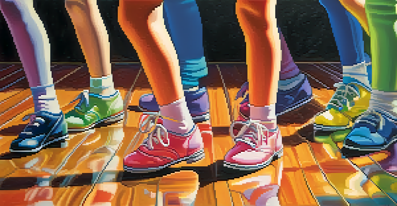 A close-up of a child's feet in colorful dance shoes captured mid-step, with a blurred dance studio background.