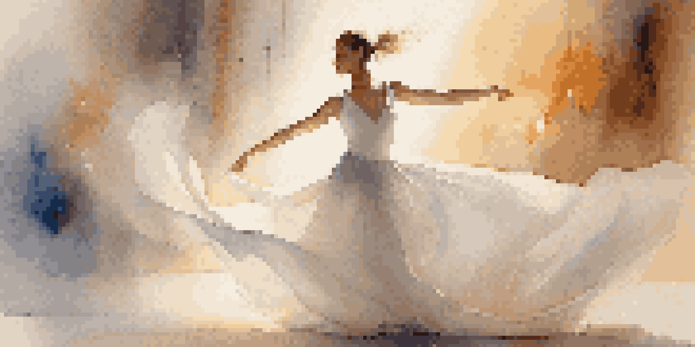 A dancer in a flowing white gown spinning gracefully, surrounded by soft warm lighting and colorful background lights.