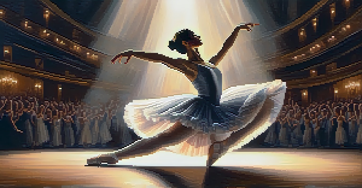 A ballet dancer in an elegant pose on stage, wearing ballet slippers, with a softly lit auditorium in the background.