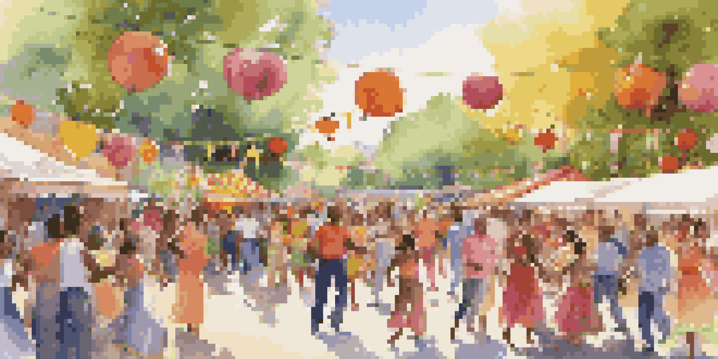 A lively street festival with people of various ages dancing joyfully in a sunny park, surrounded by colorful decorations and food stalls.