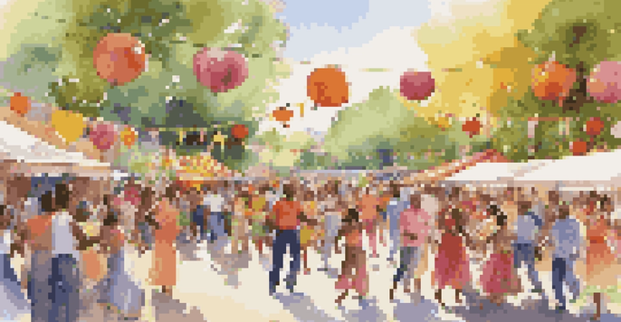 A lively street festival with people of various ages dancing joyfully in a sunny park, surrounded by colorful decorations and food stalls.