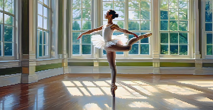 A ballet dancer leaping gracefully in a sunlit studio with mirrors, showcasing her elegant form and tutu, with a garden visible through the windows.