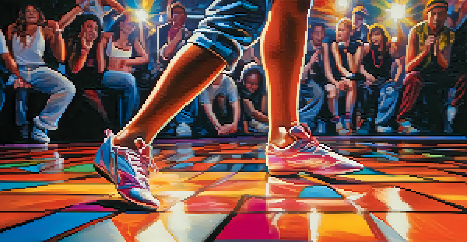A close-up of a dancer's feet in motion during a hip-hop performance, highlighting intricate dance shoes against a blurred colorful background.