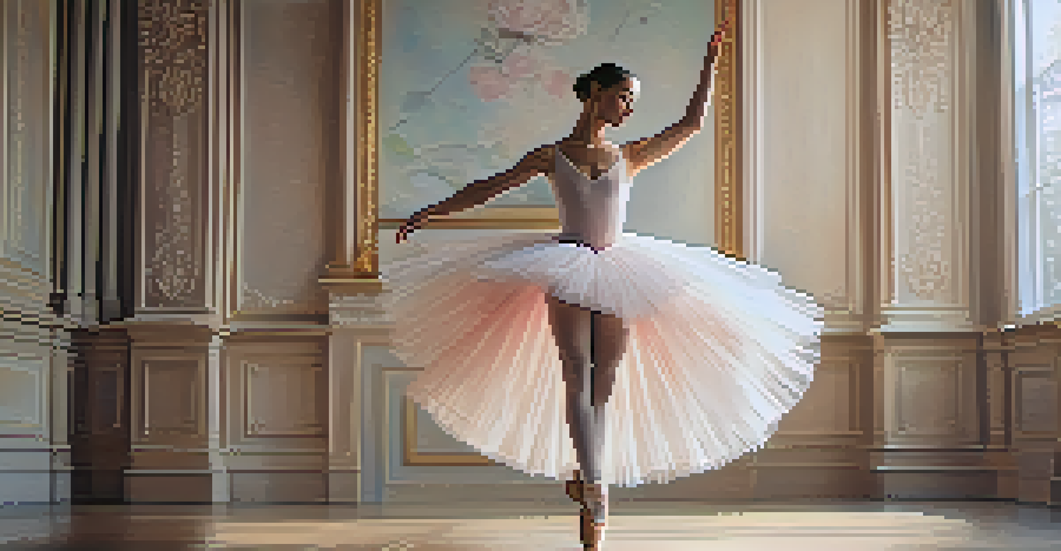 A ballerina in a pastel-colored tutu gracefully performing on stage with soft white lighting and floral decorations.