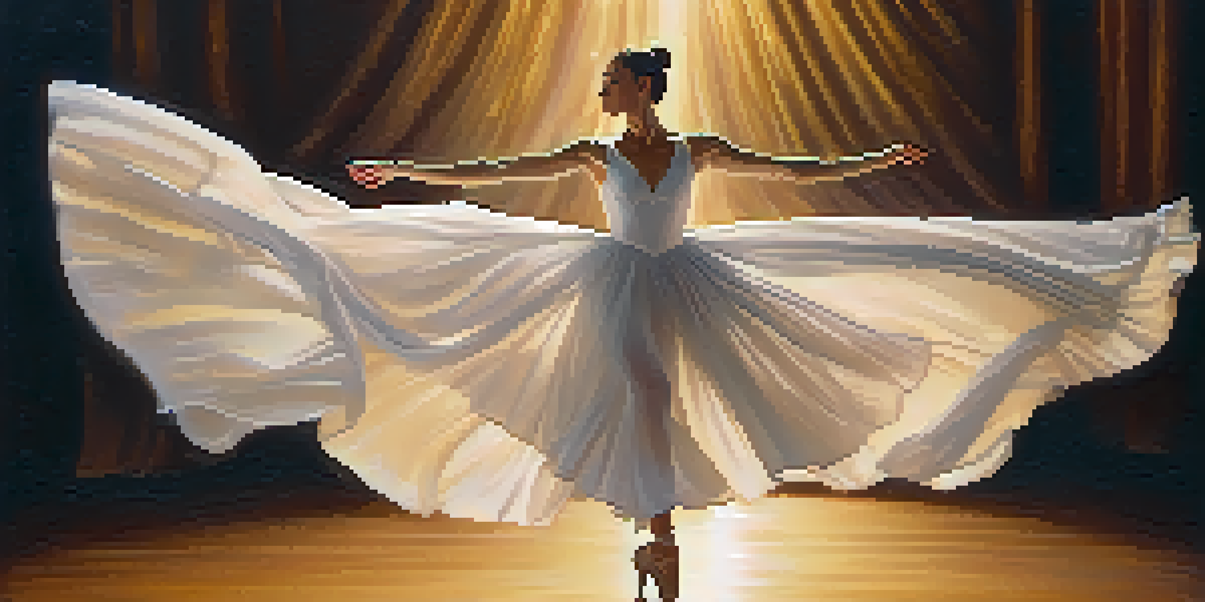 A ballerina in a white chiffon dress performing a pirouette on stage, surrounded by warm golden lights.