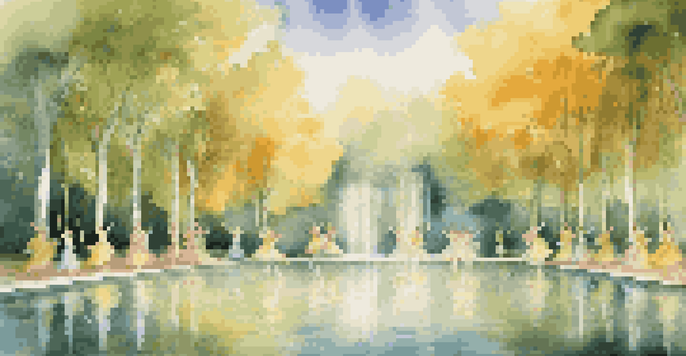 A colorful dance theater set with lush trees and a water feature, illuminated by warm lighting, showcasing dancers in vibrant costumes.