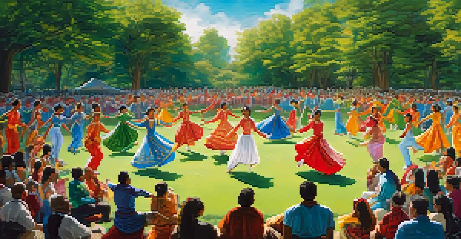 Dancers of different cultures performing in a lush park, showcasing vibrant costumes and celebrating cultural diversity, with an audience watching in awe.