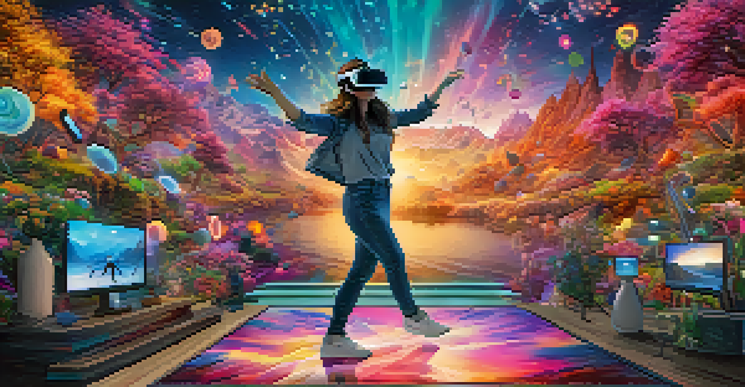 A user in a virtual reality setting, dancing amidst colorful digital visuals and interactive elements, with a fantastical landscape in the background.