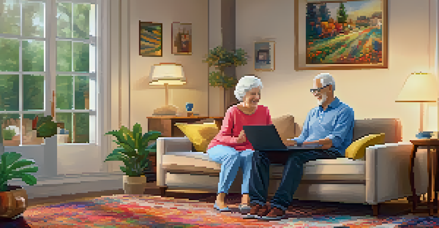 A senior couple practicing stretching exercises at home while following an online dance video in a cozy living room.