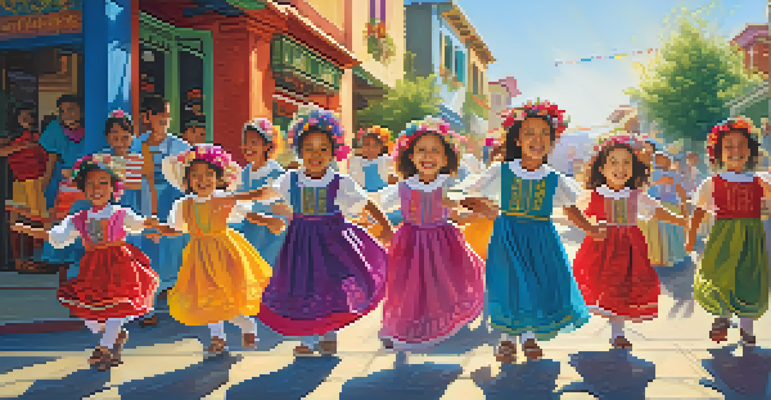 Children performing a joyful folk dance in colorful costumes against a vibrant mural backdrop, radiating happiness and energy.