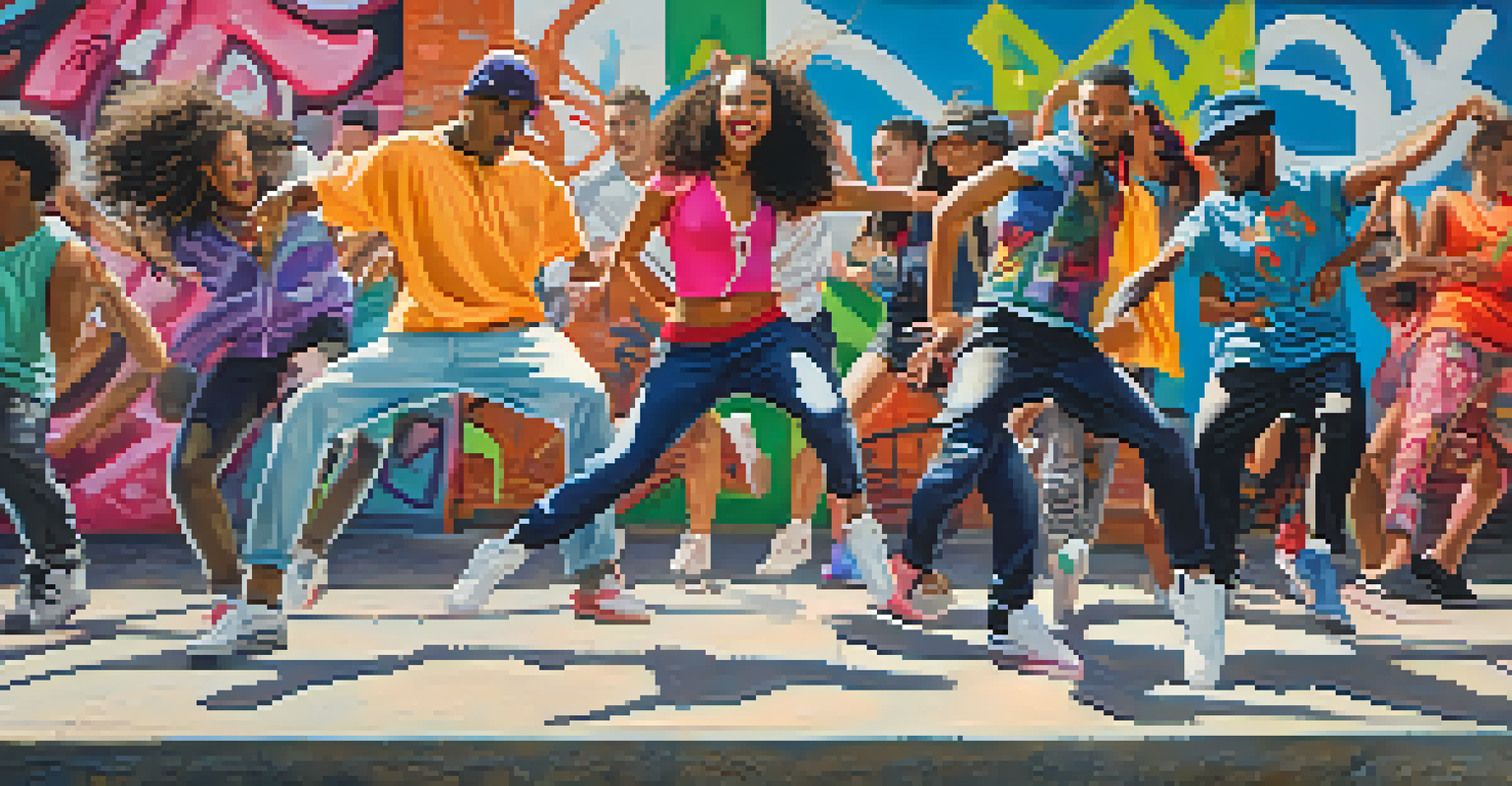 A group of hip-hop dancers in colorful clothing performing in front of a graffiti wall, showcasing energetic poses and expressions.