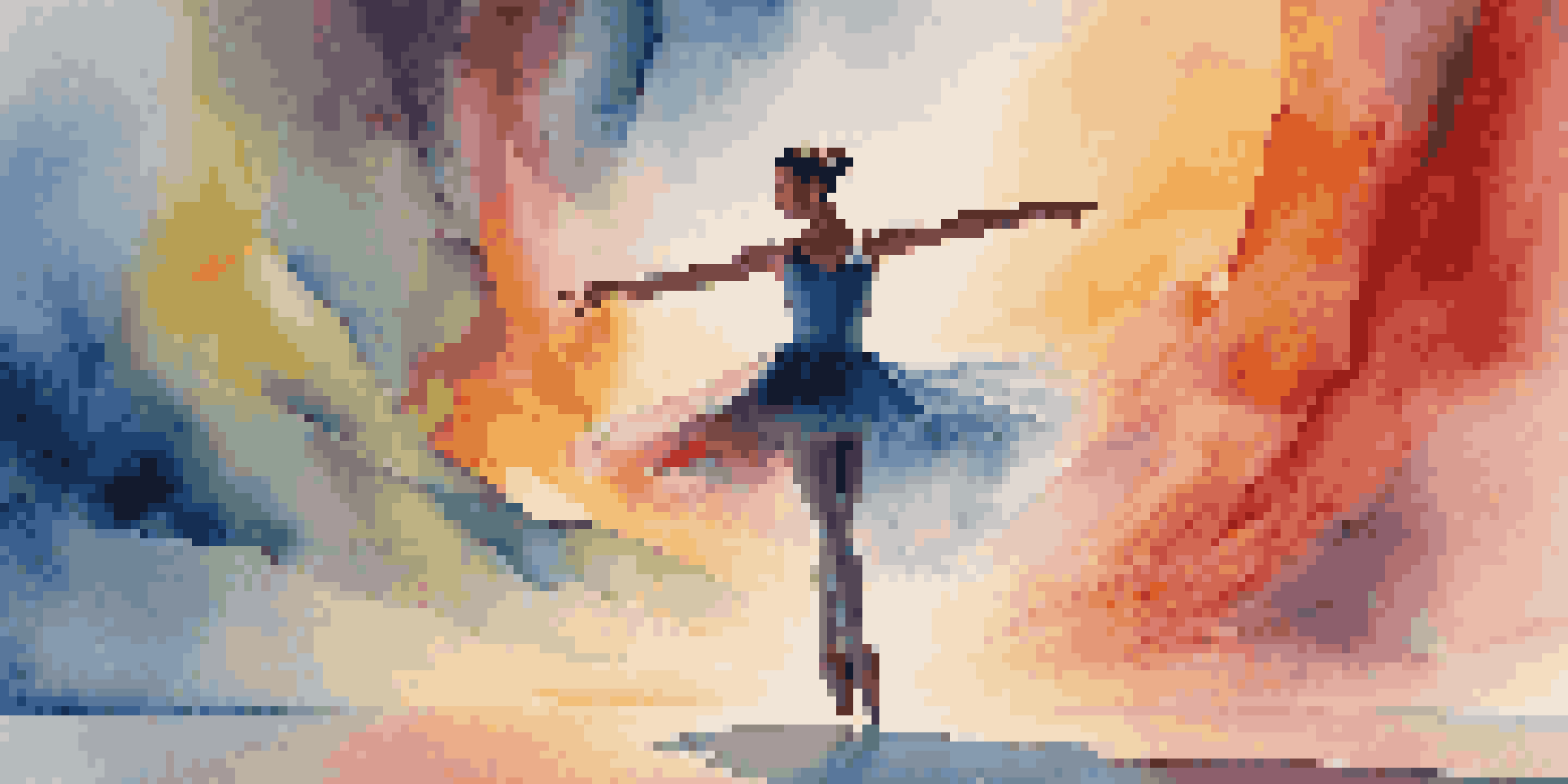 A dancer in a virtual reality setting, surrounded by colorful abstract shapes, performing a pirouette with ethereal lighting.