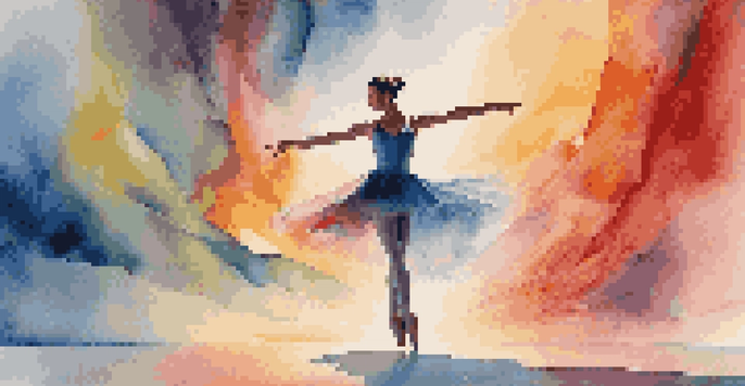 A dancer in a virtual reality setting, surrounded by colorful abstract shapes, performing a pirouette with ethereal lighting.
