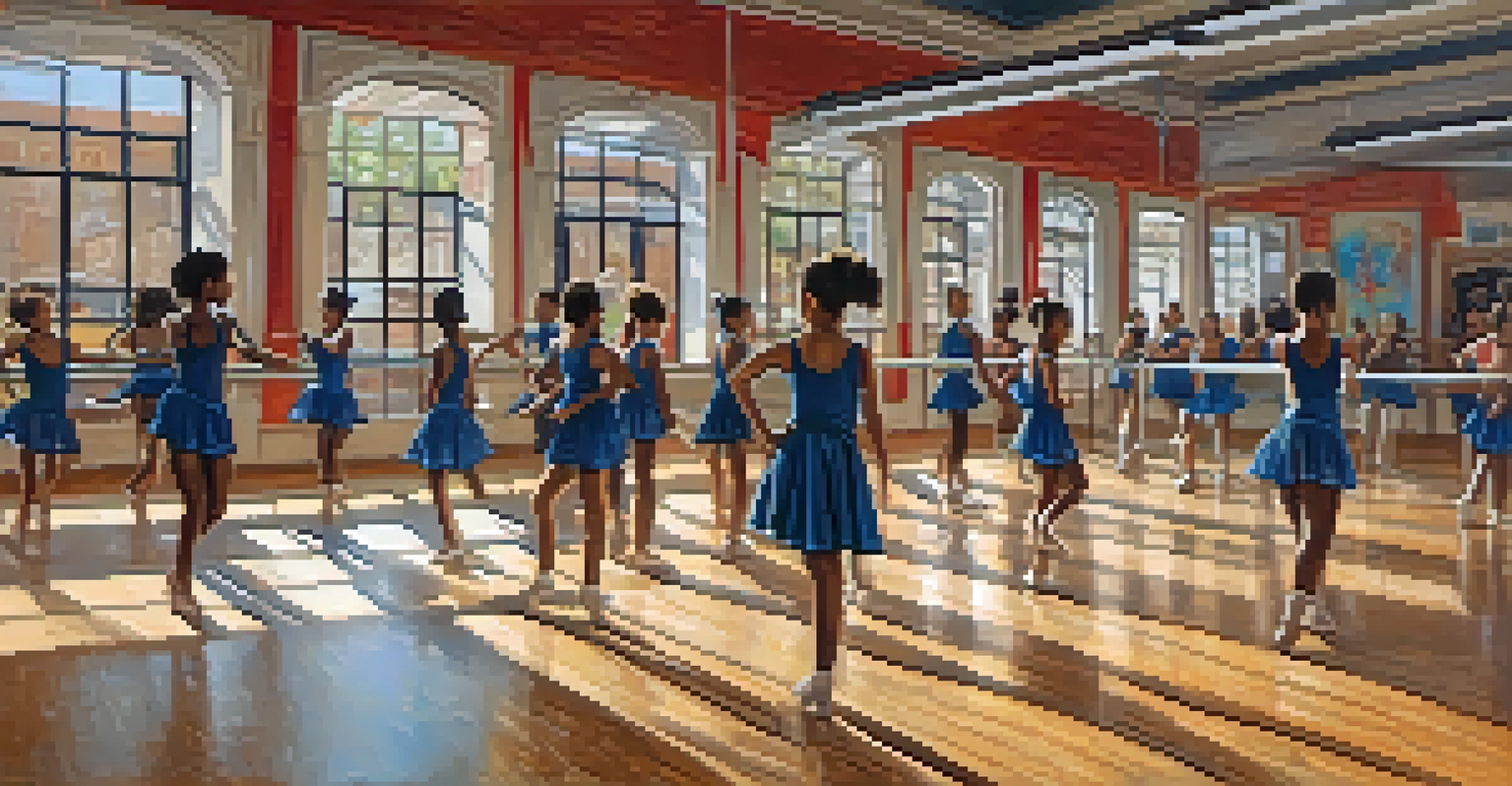 A group of diverse young dancers practicing in a brightly lit dance studio filled with mirrors.