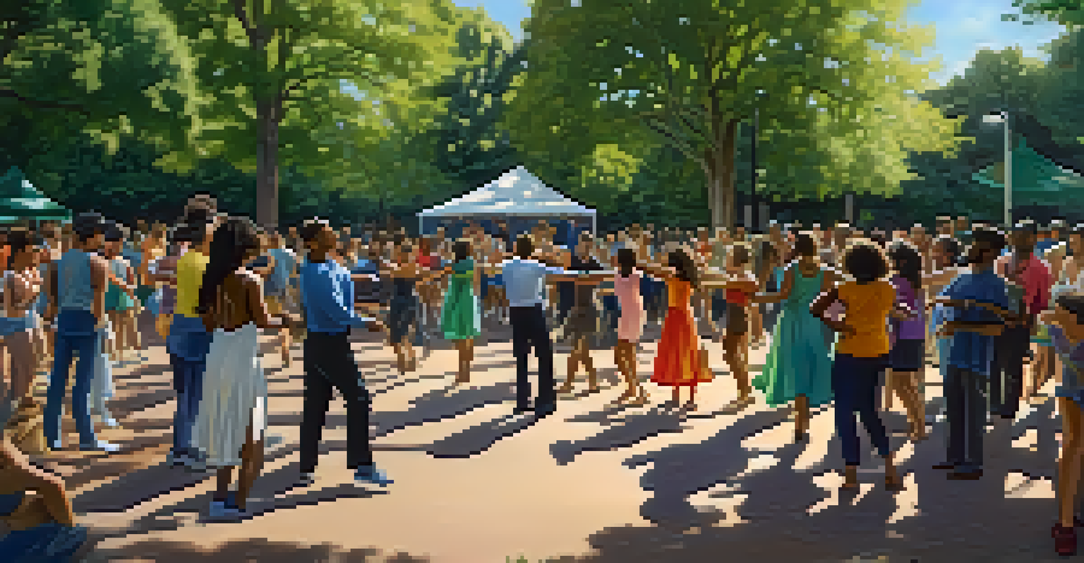 A vibrant outdoor dance jam session in a park, featuring a diverse group of dancers improvising freely among trees and sunlight.