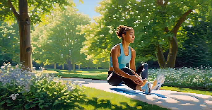 A person stretching in a green park, preparing for a jog under a clear blue sky.