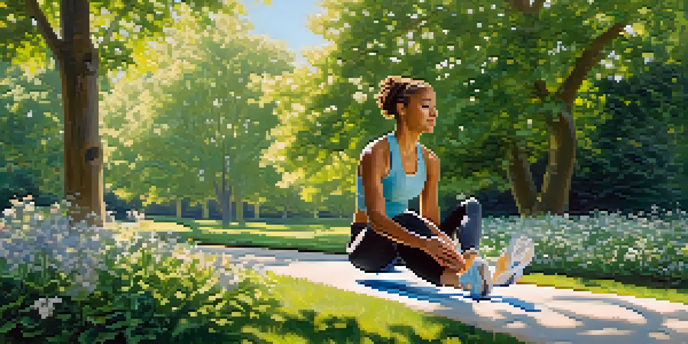 A person stretching in a green park, preparing for a jog under a clear blue sky.
