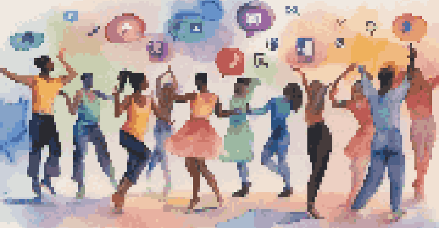 Dancers connecting in a digital environment, with social media icons and colorful backgrounds representing collaboration and diversity.