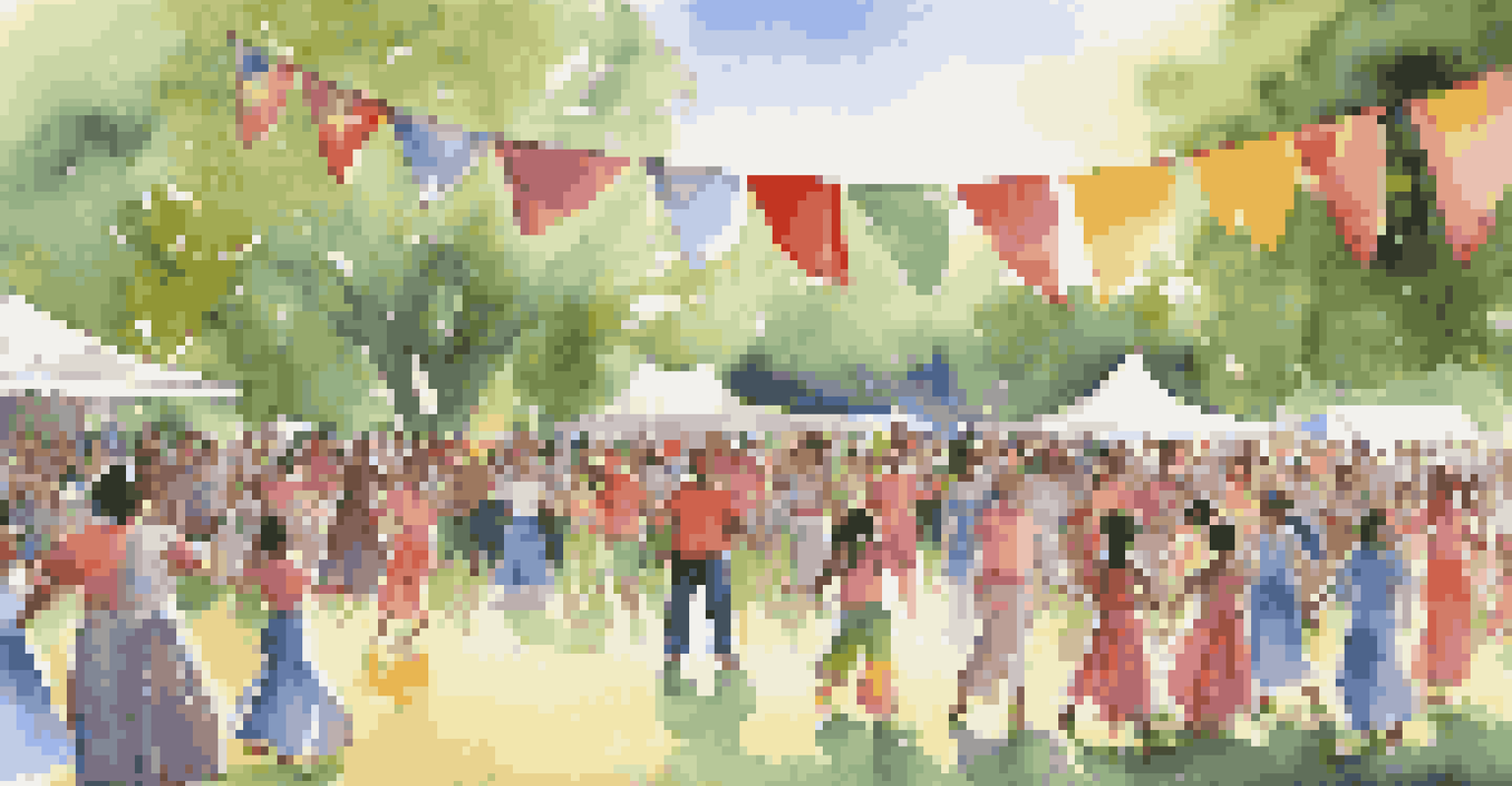 A vibrant community dance event in a park, featuring diverse performances and families celebrating together.