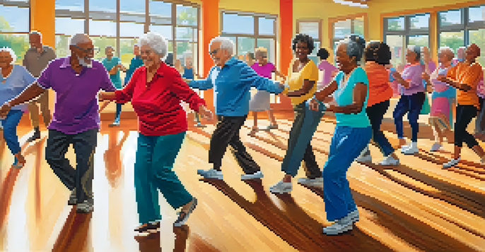 A lively dance class with older adults enjoying various dance styles in a bright, colorful room.