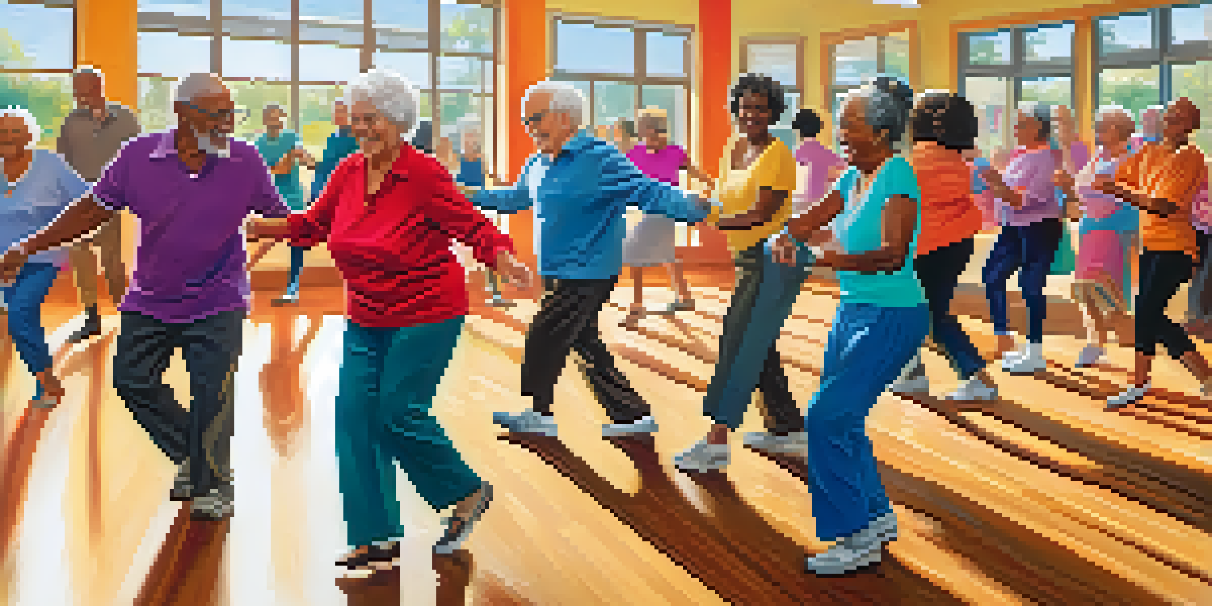 A lively dance class with older adults enjoying various dance styles in a bright, colorful room.