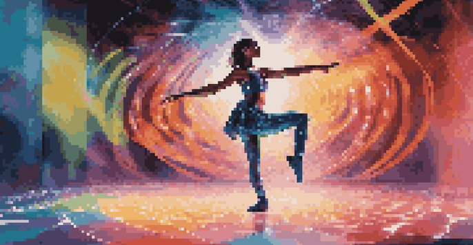 A dancer in a colorful augmented reality environment, wearing a modern costume with LED lights, surrounded by swirling digital projections.