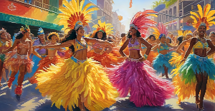 A vibrant Brazilian samba festival with dancers in colorful costumes and a lively street filled with spectators.