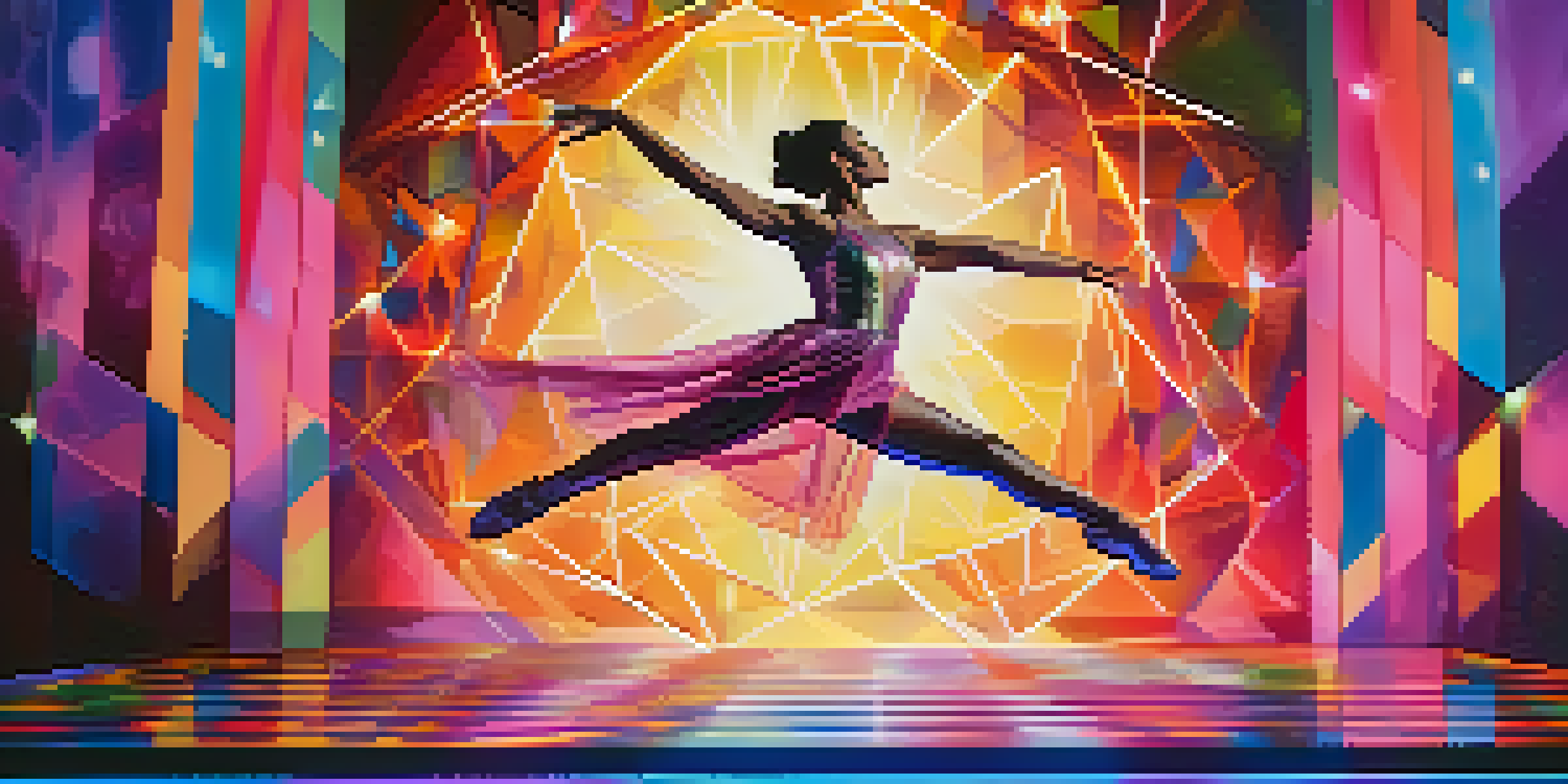 A dancer on stage surrounded by colorful digital shapes and effects, illuminated by soft lighting.