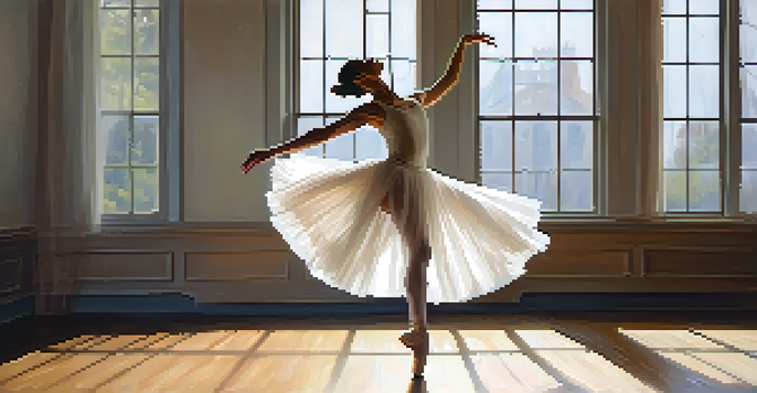 A ballet dancer leaping gracefully in a sunlit wooden studio, showcasing her tutu and focused expression.